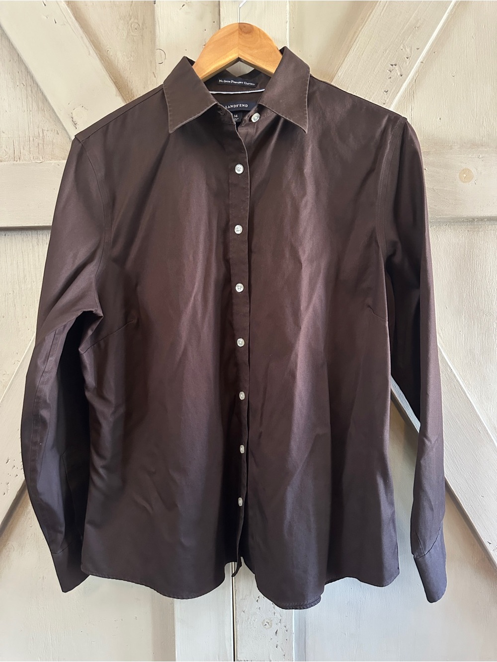 Lands’ End No Iron Oxford Shirt Womens 14 Brown Button Down Cotton Workwear